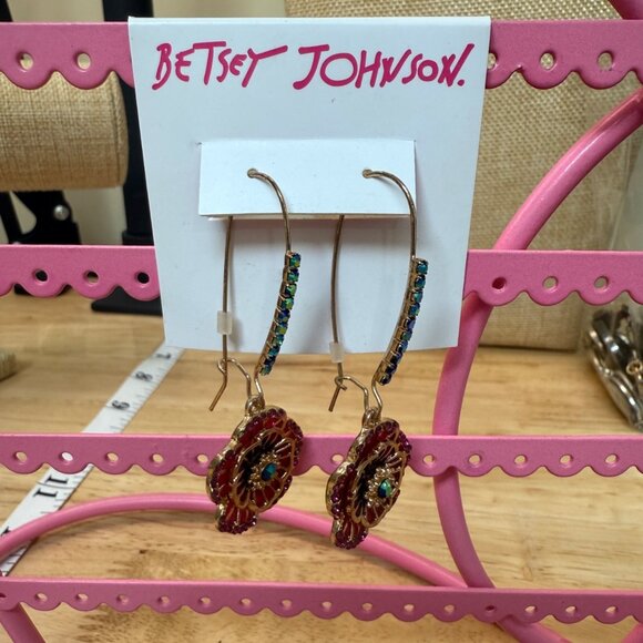 Betsey Johnson Pink & Gold Floral Drop Earrings Rhinestone, Garden Girl, Whimsy, - Picture 2 of 9